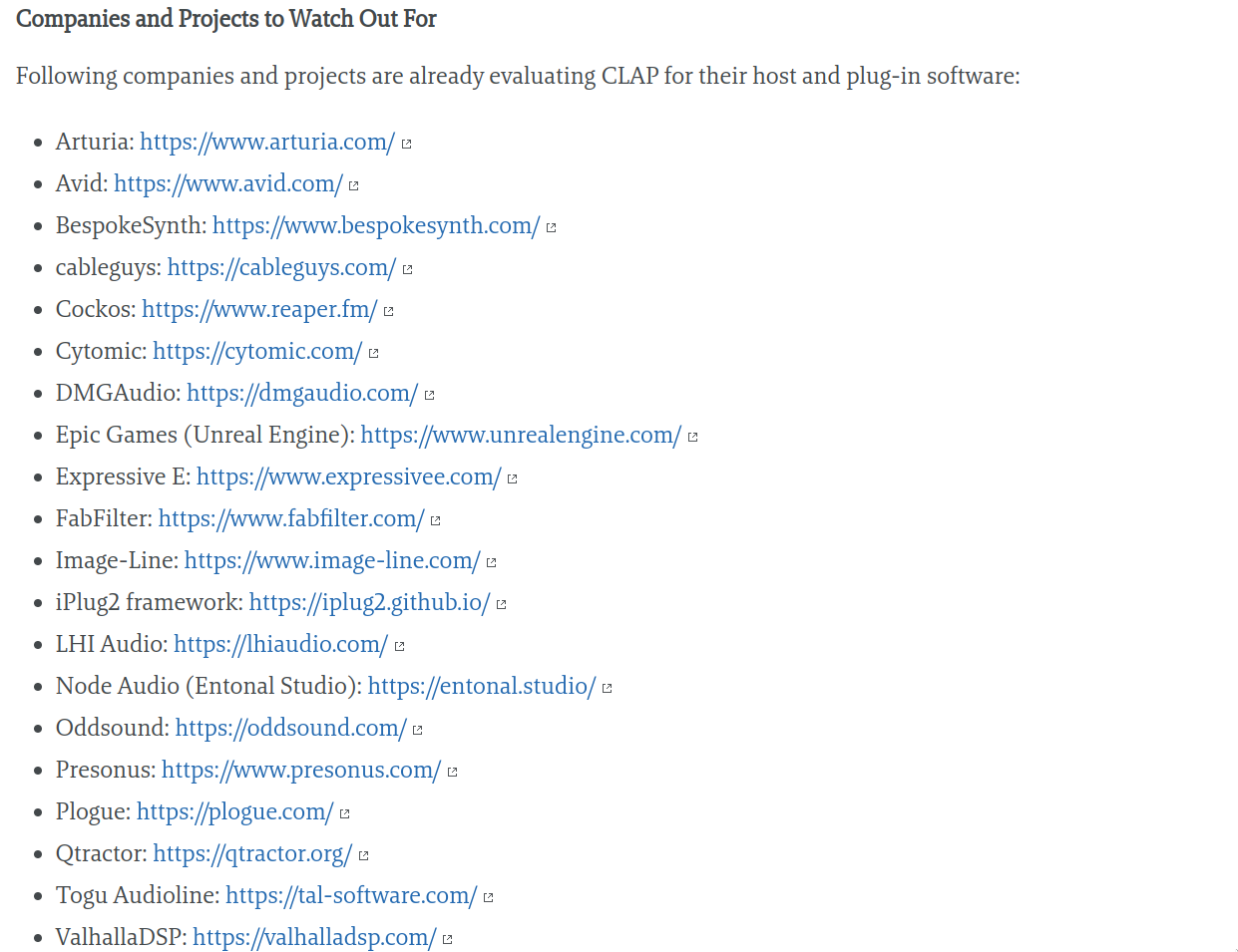 A list of companies interested in CLAP, with names like Arturia, Avid, Cockos, Image-Line, etc